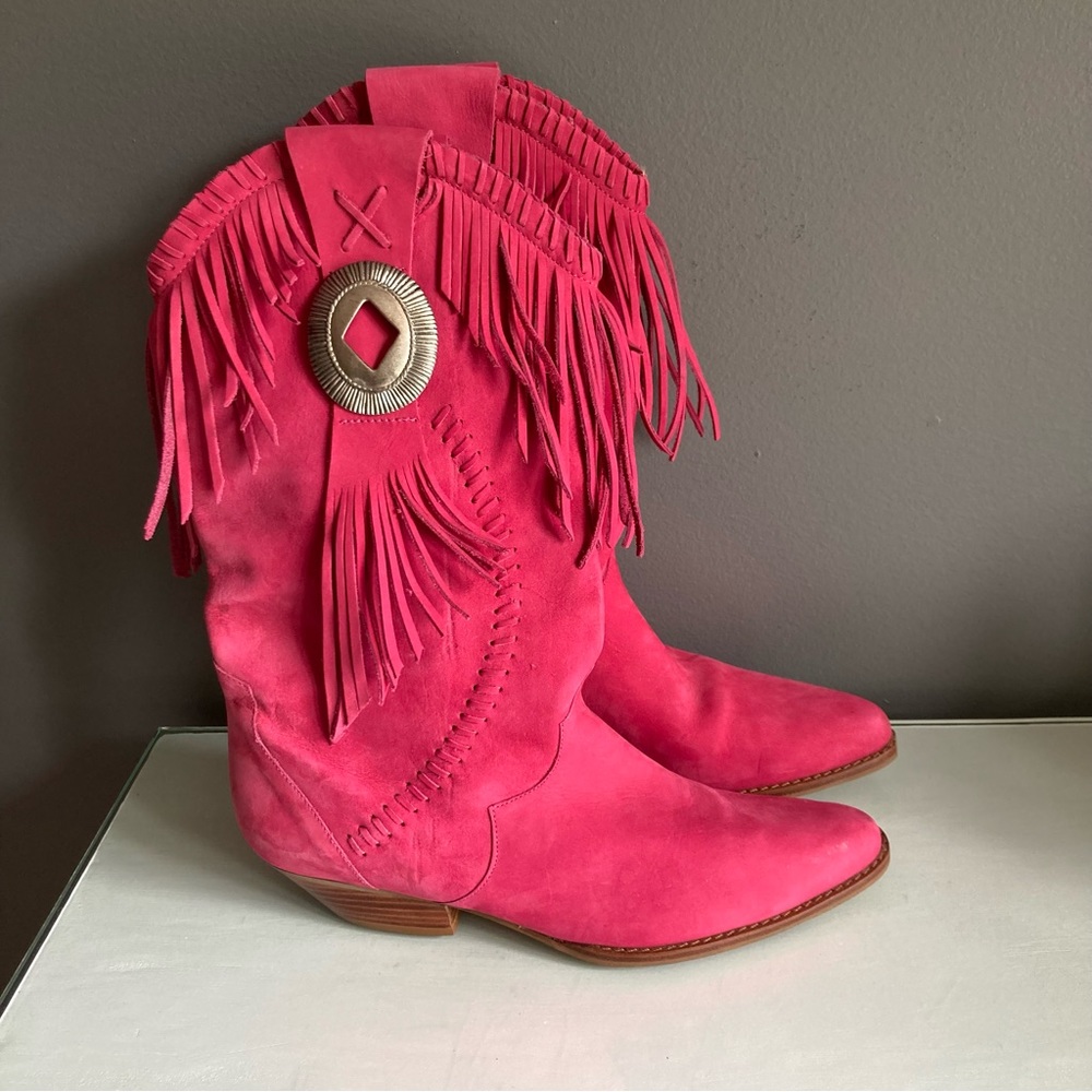 Fringed Pink Heeled Boots cowgirl frayed hot pink